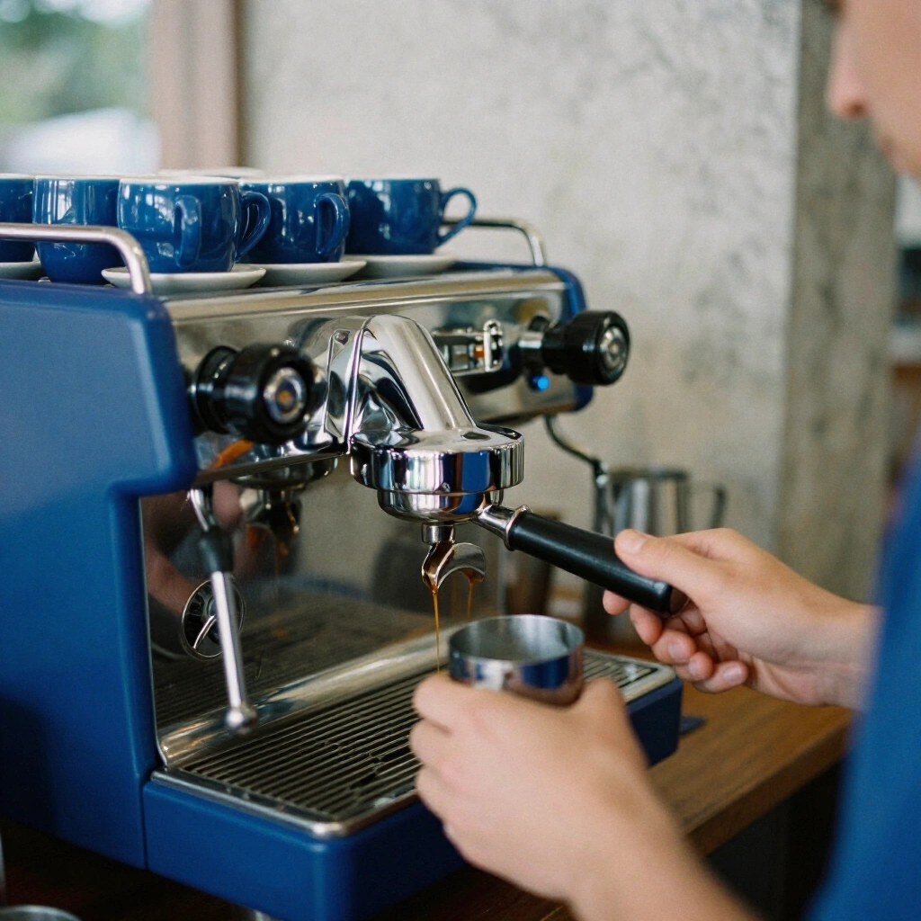 Barista bezieht Espresso an einer Chrom Hebelmaschine mit blauen Tassen auf der Maschine