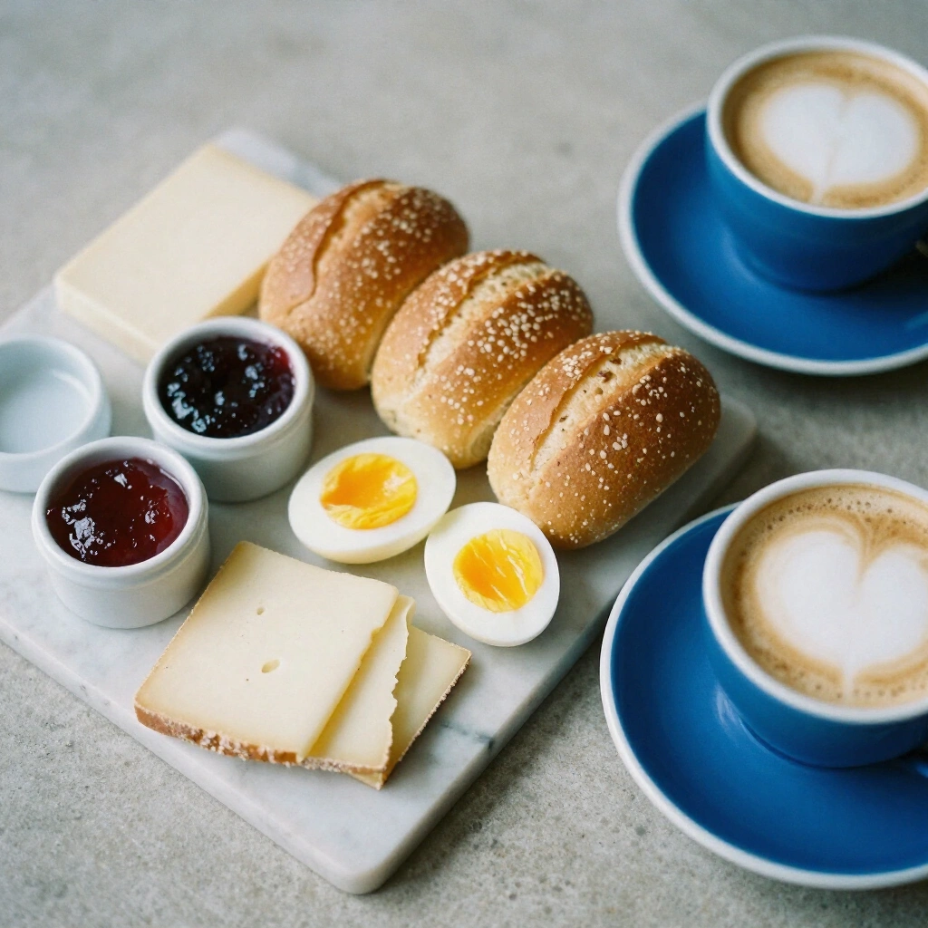 Frühstücksbrett von oben mit weichem Ei, Käse, Marmelade, Brötchen und Cappuccino