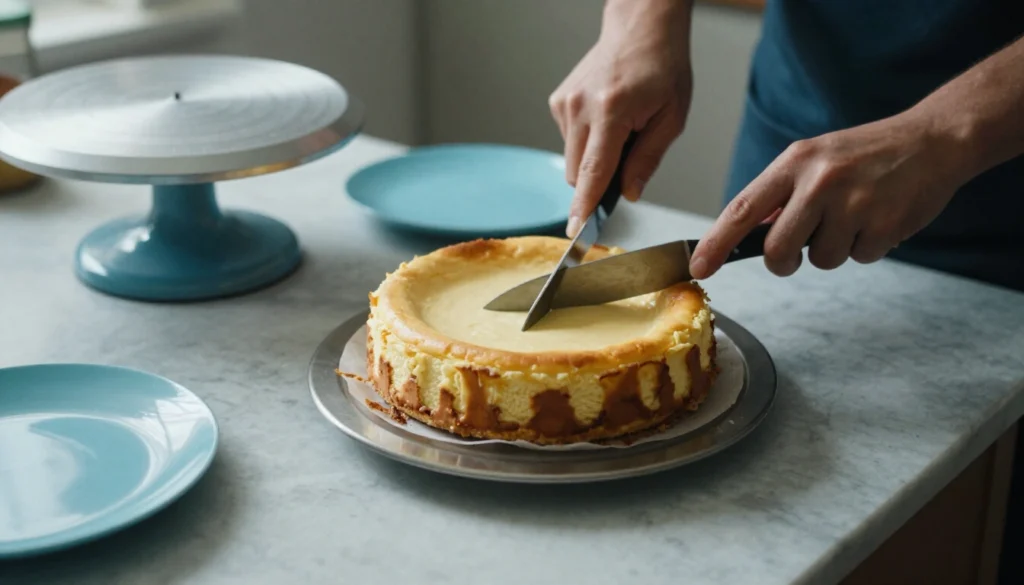 Hände schneiden selbst gebackenen Käsekuchen auf einer Marmortheke
