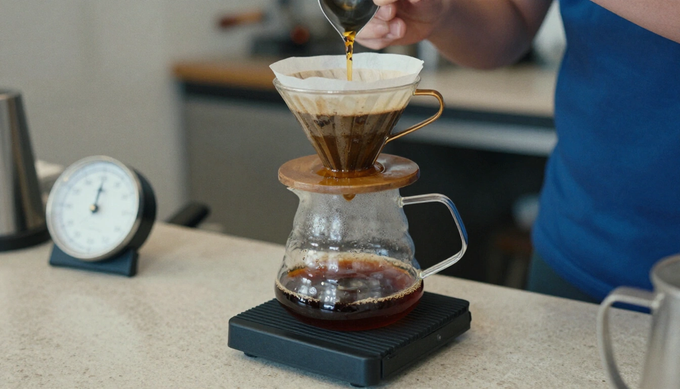 Handgebrühter Filterkaffee läuft in eine Glaskanne, daneben Waage und Timer auf der Theke