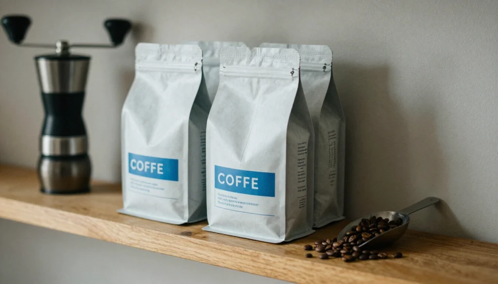 Kaffeetüten im Holzregal neben Handmühle und einer Schaufel gerösteter Bohnen