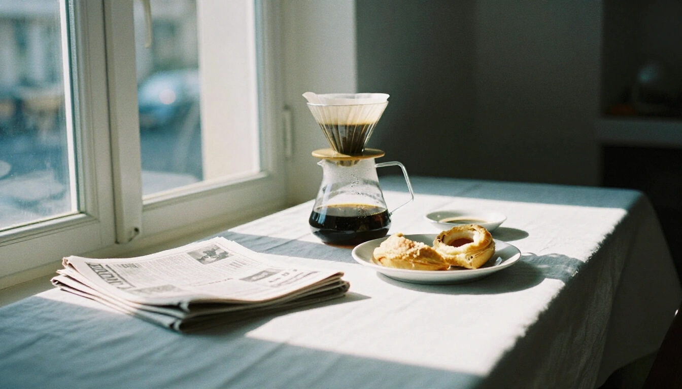 Langer Frühstückstisch am Fenster mit Zeitungen, Filterkaffeekanne und Gebäck im Morgenlicht