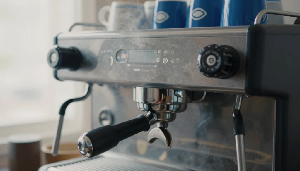 Siebträger in der Espressomaschine mit aufsteigendem Dampf und gestapelten Tassen