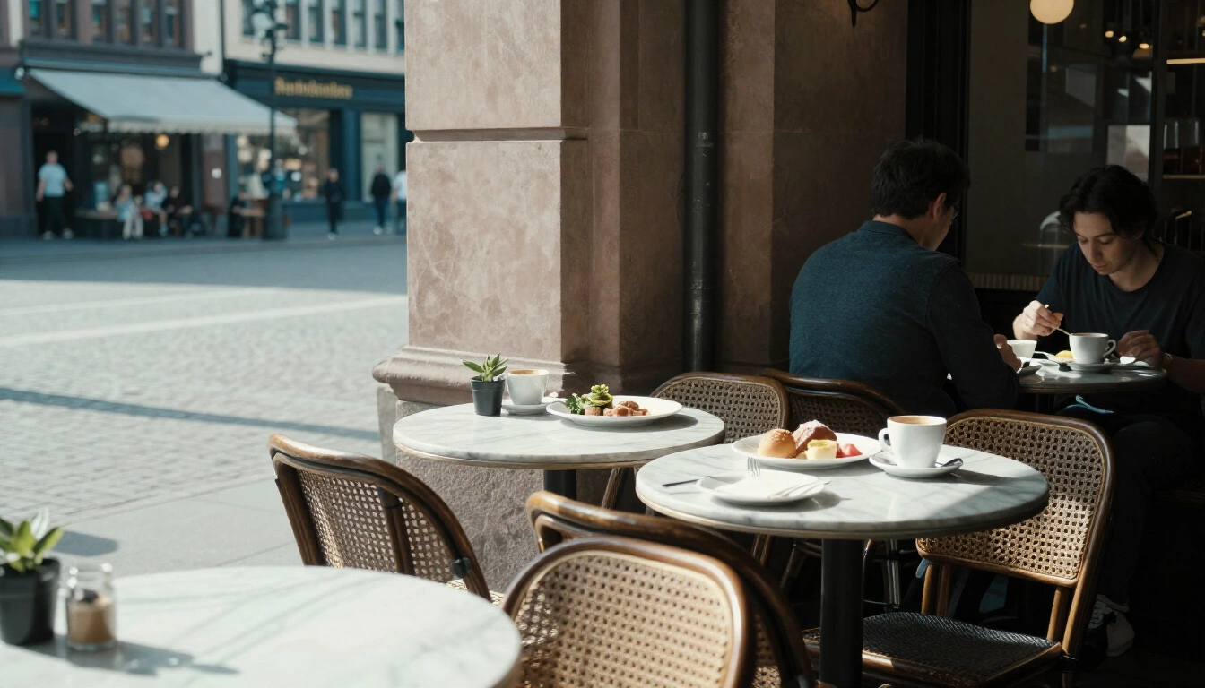 Sonniges Eckcafé an einem Altstadtplatz in Frankfurt mit Marmortischen und Gästen beim Frühstück