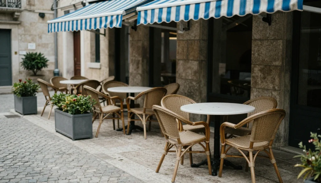 Terrassentische unter einer Markise auf einem gepflasterten Altstadtplatz